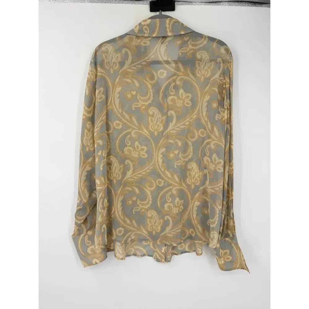Ellen Tracy 100% Silk Blouse Womens 16 Sage Blue Baroque Button Front Classic - Picture 7 of 12